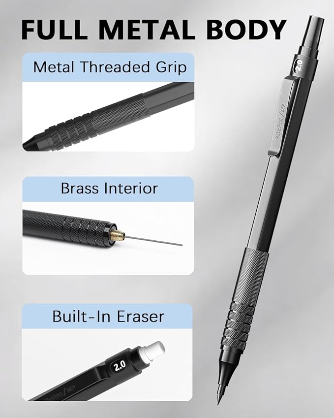 Nicpro Black Metal 2.0 Mechanical Pencil Set with Case, 3 PCS Drafting Lead Holder with 2mm Graphite Lead Refill (HB 2H 4H 2B 4B) & Colors, Sharpeners, Erasers for Artist Writing, Drawing, Sketching