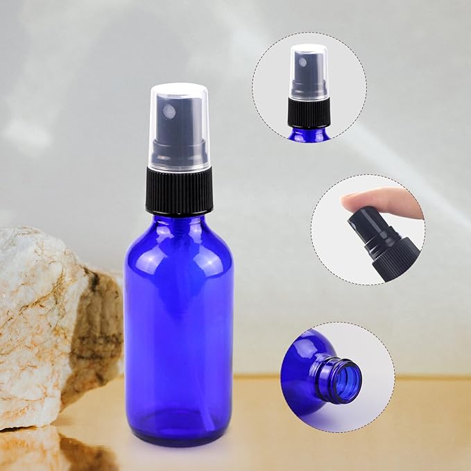 Wedama Glass Spray Bottles, Mini Spray Bottles 2 oz, Empty Small Spray Bottles with Funnel Dropper, Fine Mist for Hair, Travel, Plants, Cleaning Solutions and Skin Care (4 Pack Blue)