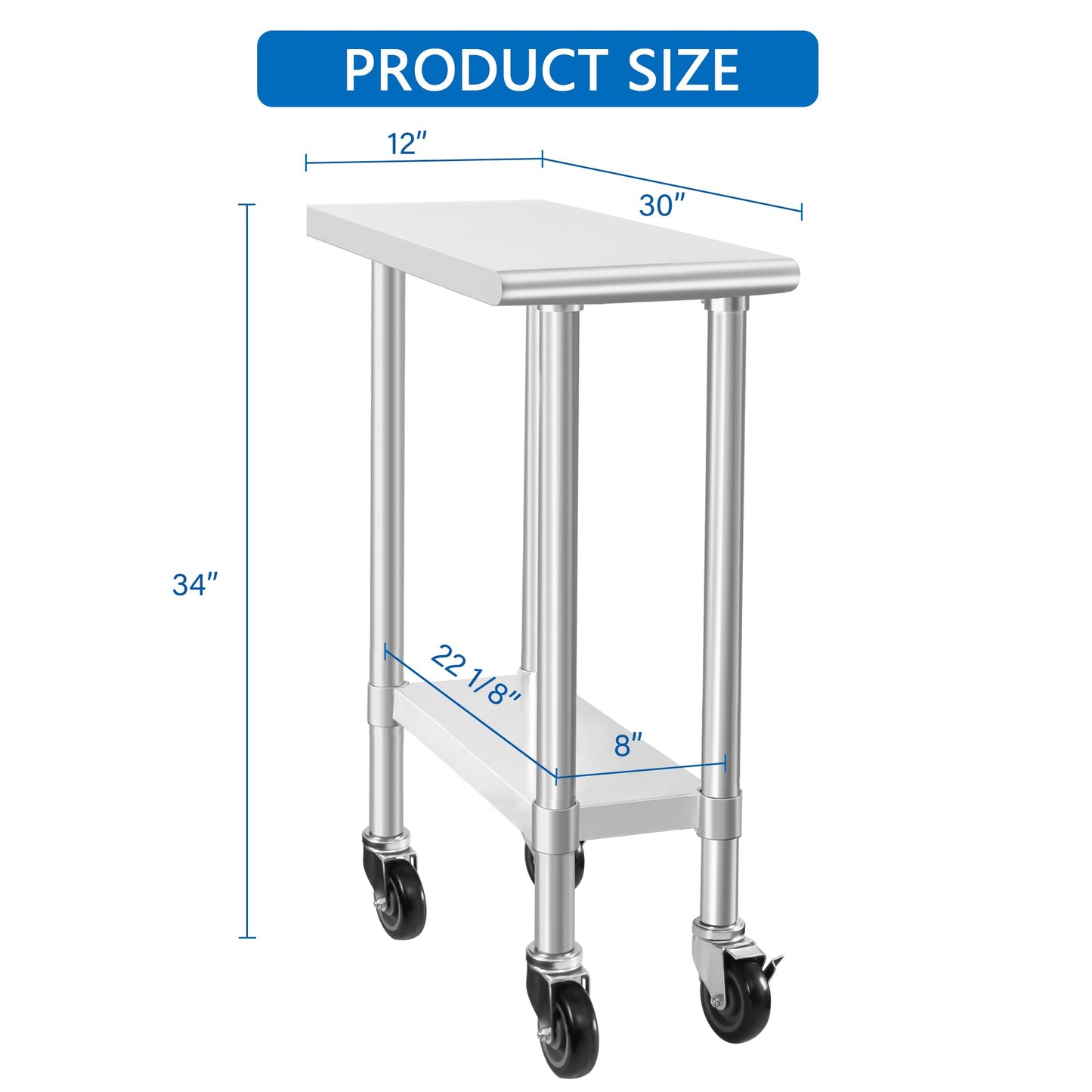 HARDURA Stainless Steel Commercial Table Prep & Work Table with Casters Heavy Duty Metal Table with Wheels NSF 430 30×12 Inches