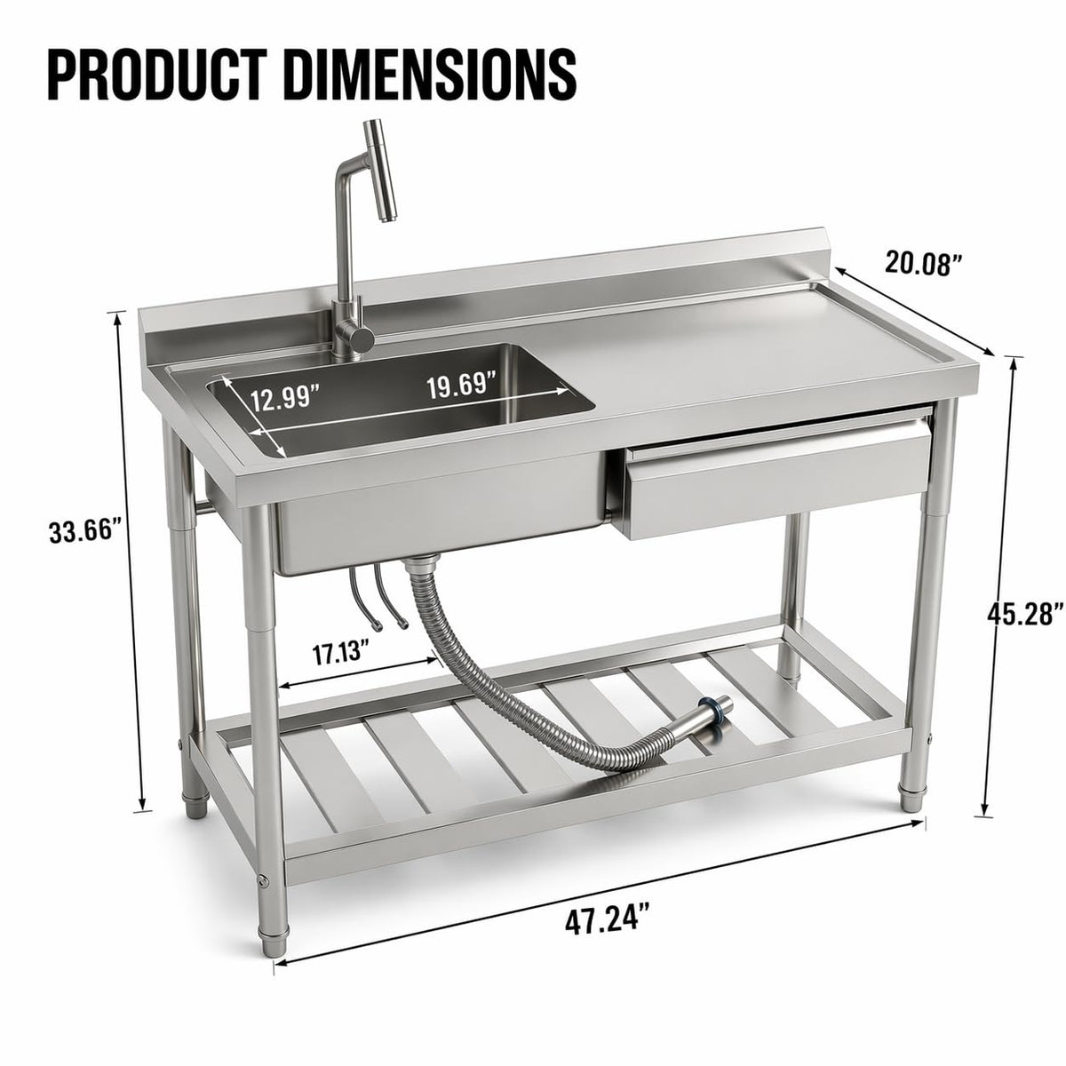Freestanding Utility Sink 47" x 20" x 37", Left Side Single Bowl with Right Side Countertop and Storage Drawer, Stainless Steel Laundry Sink with T Shape Faucet, Workbench for Garage or Laundry Room