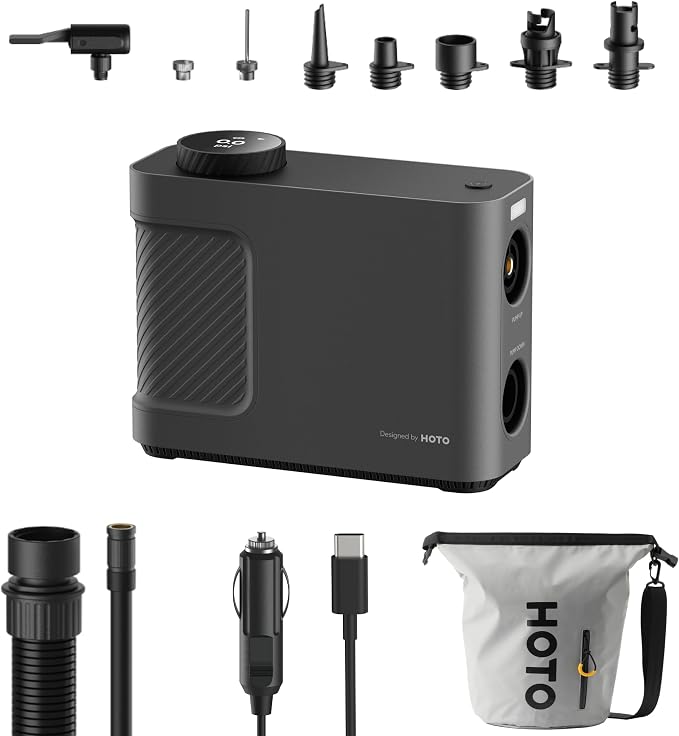 HOTO Air Pump Master, Portable Cordless Tire Inflator, Electric Air Pump with 9 Pump Modes, 12V DC Car Connector for Car, Bikes, Inflatable Pool Float, Air Mattress, Kayak, Tent, Paddle Board, Sup