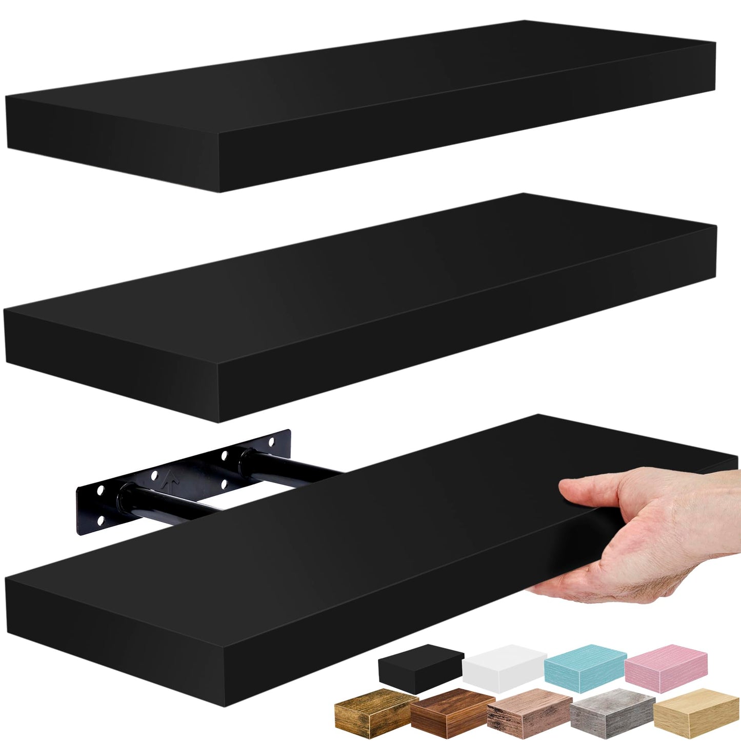 Sorbus Floating Shelves for Wall – 16 Inch Floating Shelf for Kitchen, Bedroom, Living Room, Bathroom, Home & Wall Decor - Mounted Bathroom Shelves with Invisible Brackets (Black, 3 Pack)