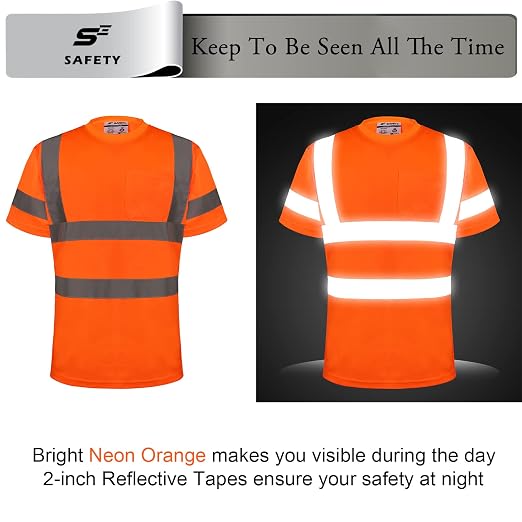 sesafety High Visibility Shirts for Men Class 3 Hi Vis Reflective Construction Shirts for Men with Pocket Safety T Shirt for Mens Work Shirt for Mens Short Sleeve Orange