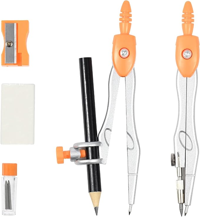 Math Geometry Kit Sets 10 Piece Student Supplies with Shatterproof Storage Box,Includes Rulers,Protractor,Compass,Eraser,Pencil Sharpener,Lead Refills,Pencil,for Drafting and Drawings（Orange）