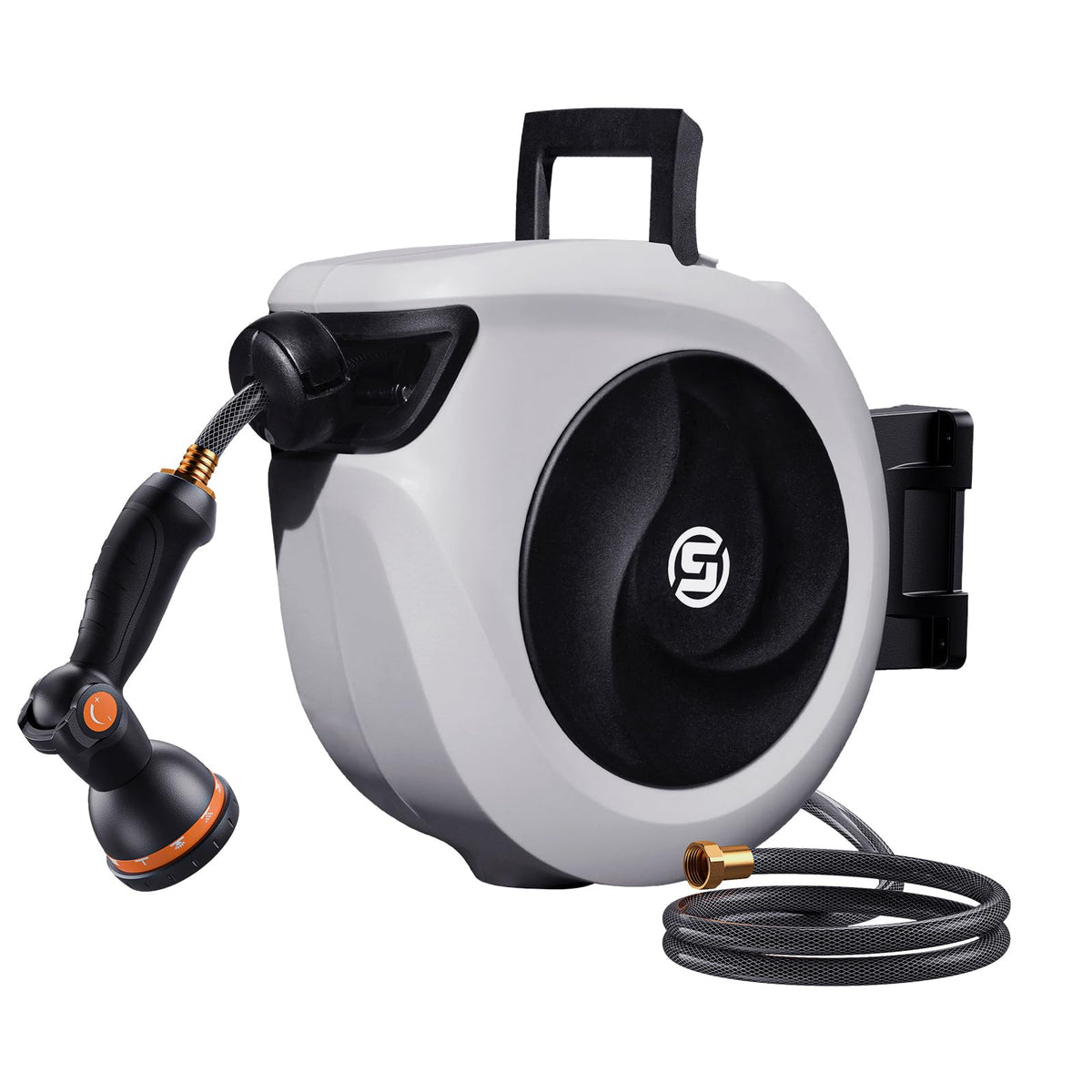 SUNPOW Retractable Garden Hose Reel 1/2 Inch x 33ft - Wall Mounted Hose Reel with 3/4 Inch Brass Fittings & 10-Pattern Nozzle - Auto Rewind System, Any Length Lock, 180° Swivel Bracket