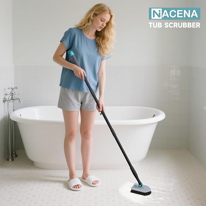 nacena Shower Scrubber with Long Handle, 3 in 1 Tile Tub Scrubber Brush with 3 Detachable Cleaning Heads Adjustable Handle Shower Cleaner Brush for Bathroom, Kitchen, Toilet, Wall, Sink, Black Grey
