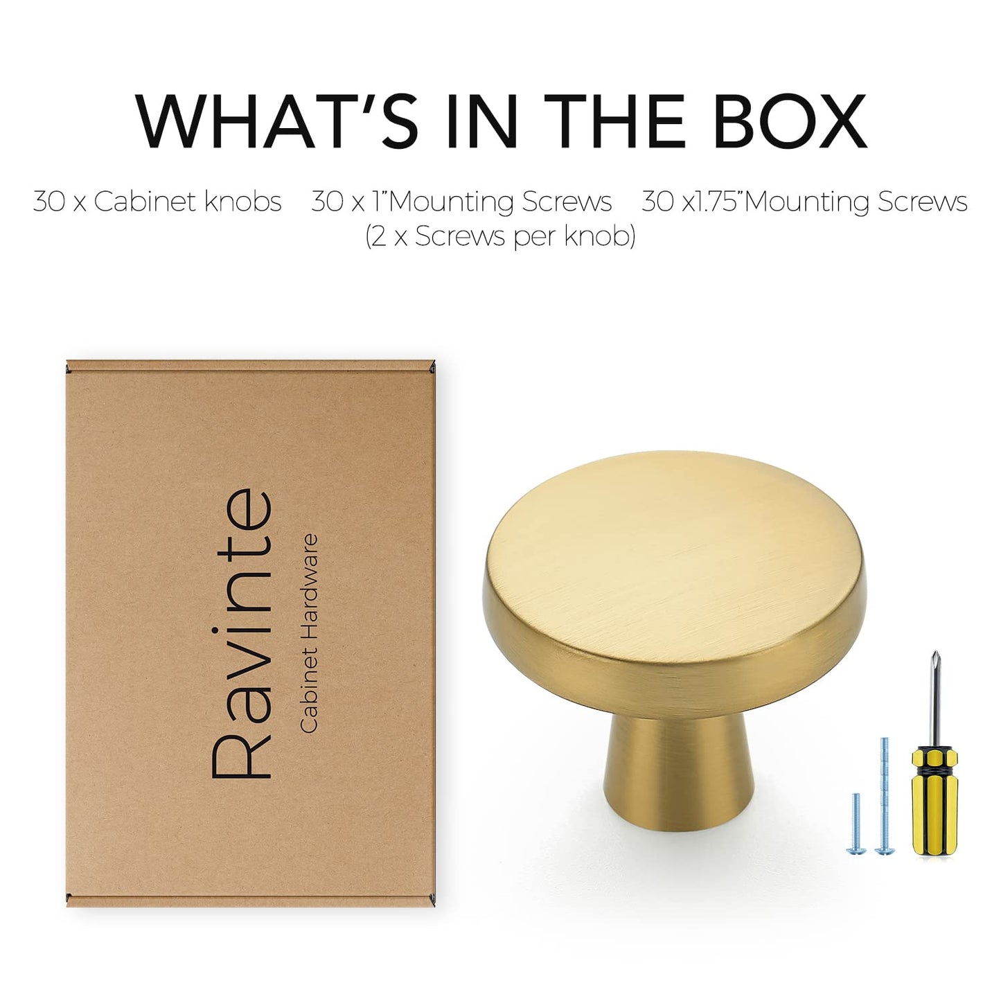 Ravinte 30 Pack Solid Knobs Kitchen Cabinet Round Pulls Dresser Handles Gold Cupboard Hardware Brushed Brass Door Drawer Knobs
