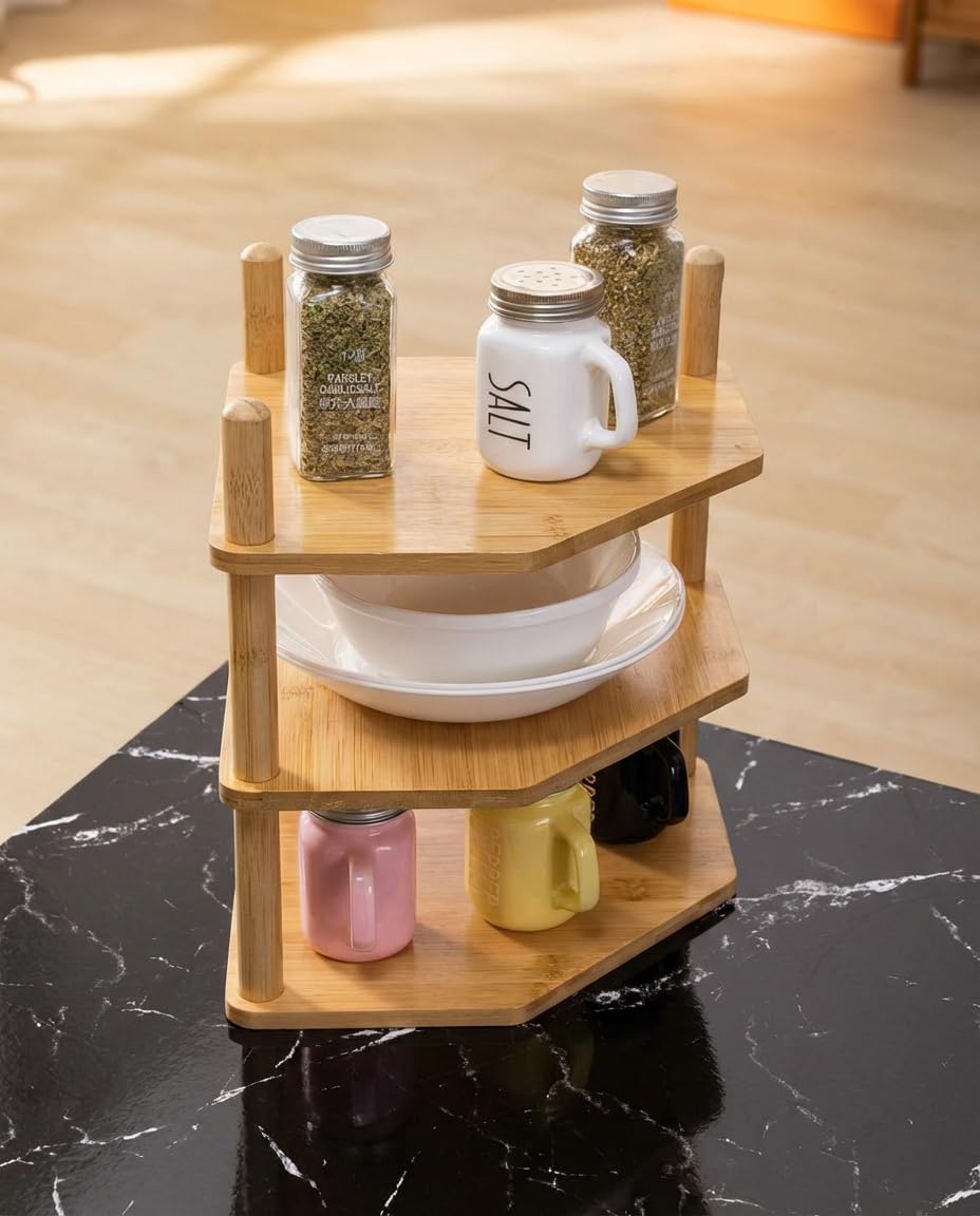 WooFawn 3-Tier Expandable Bamboo Corner Shelf - Dish/Plate Organizer for Cabinet, Kitchen Counter Shelf & Small Kitchen Shelf, Adjustable (Natural, 1-Pc 3.90" H)