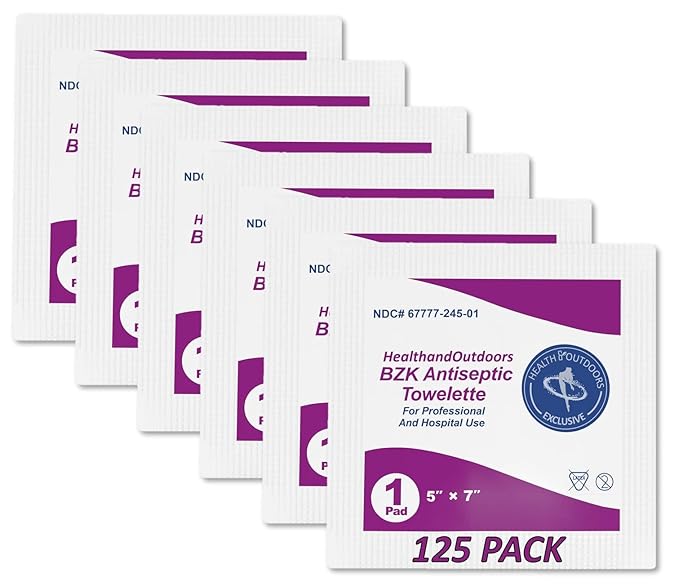 BZK Antiseptic Moist Towelette 5" x 7" Wipe (125 Count) Hand & Body Cleansing Wet Napkins Alcohol-Free Individually Wrapped Towels