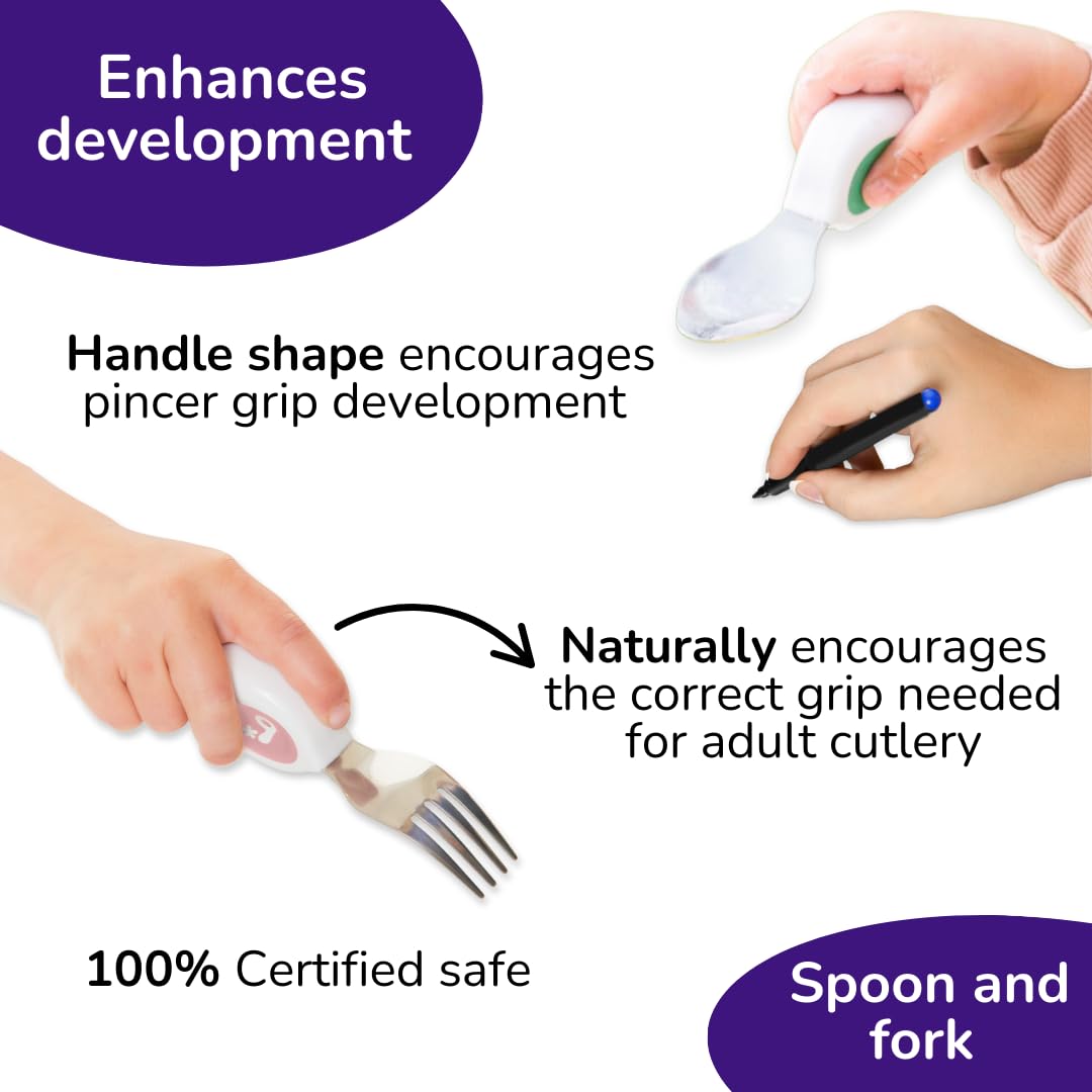 doddl Toddler Utensils, Ergonomic Fork and Spoon Set for Self Feeding, Stainless Steel Silverware for 1-3 Year Olds, BPA Free, Dishwasher Safe (Dusky Rose)
