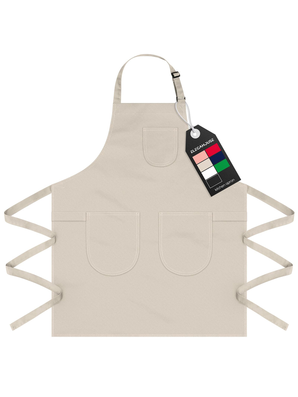 ELEGAHOUSE Unisex Apron with Pockets for Cooking, Salon & Art - 100% Cotton Adult Kitchen, Chef, Stylist Apron (Beige)