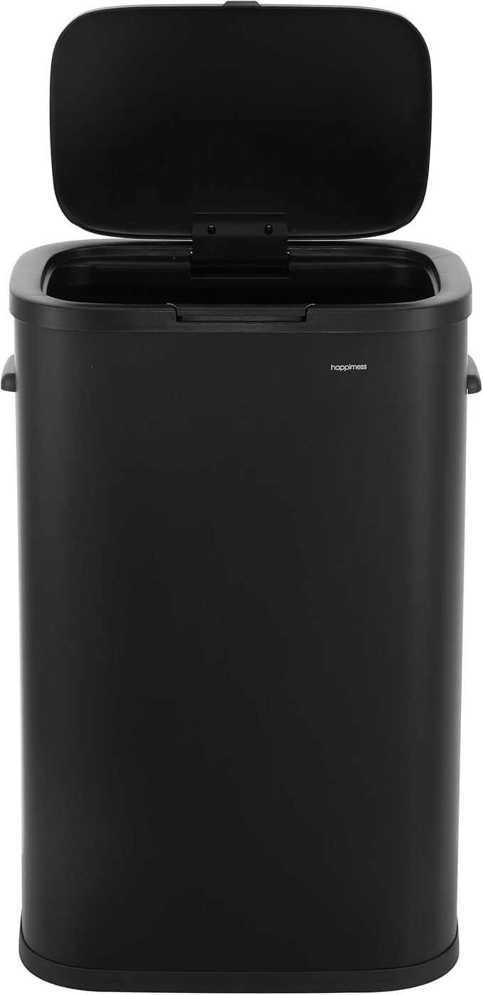 happimess HPM1017B Tammi Kitchen 14.5-Gallon Slim Metal Push Button Trash Can, Fingerprint Resistant, Modern, Minimalistic for Home, Kitchen, Laundry Room, Office, Bedroom, Bathroom, Charcoal Black