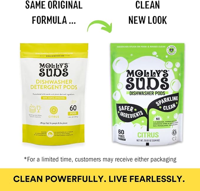 Molly's Suds Dishwasher Pods | Clean Dishwasher Detergent, Cuts Grease & Rinses Clean (Residue-Free) for Sparkling Dishes | 60 Auto-Release Tabs (Citrus)