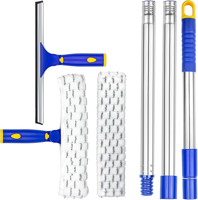 ITTAR Window Squeegee with 2 Sets Stainless Steel Pole, Squeegee Cleaning Tools with Microfiber Pads, 60"-72" Telescopic Window Washing Kit, Professional Squeegee Cleaner for Home Car Outside Glass