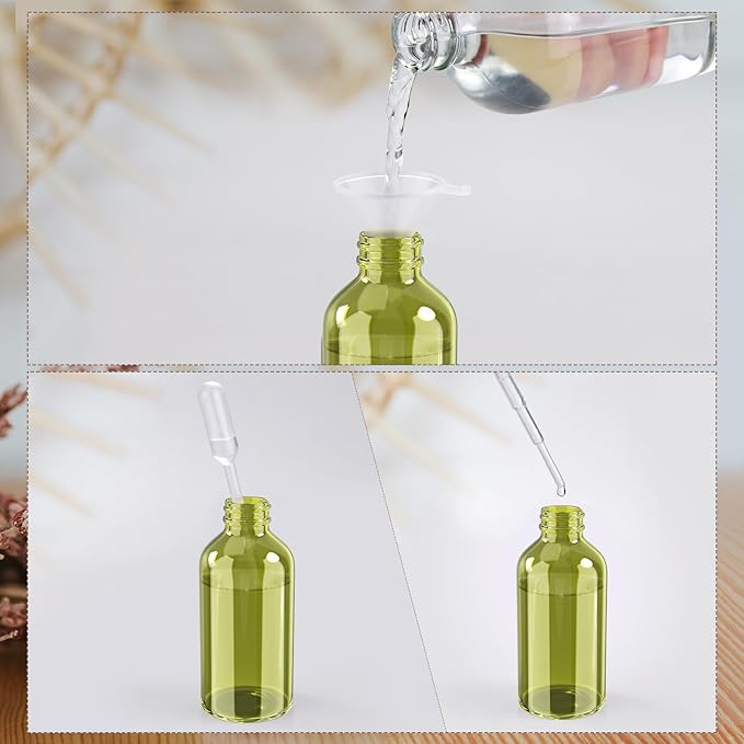 Wedama 2 oz Mini Glass Spray Bottles, Empty Small Spray Bottles with Funnel Dropper, Fine Mist for Hair, Travel, Plants, Cleaning Solutions and Skin Care (4 Pack Olive Green)