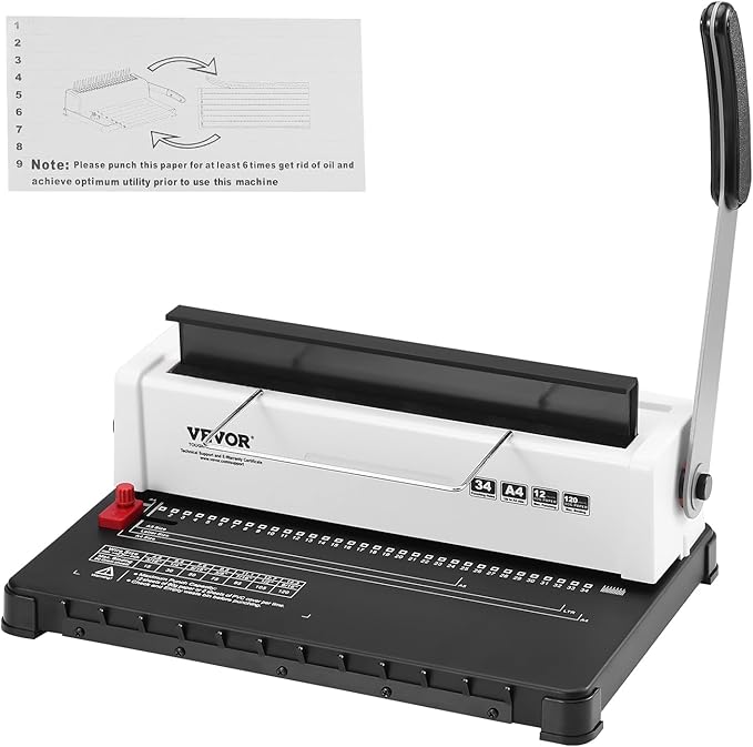 VEVOR Coil Spiral Binding Machine, Manual Book Maker 34-Holes Binding 120 Sheets, Punch Binder Adjustable 3/16" - 9/16" Coil Binding Spines, for Letter Size, A4, A5