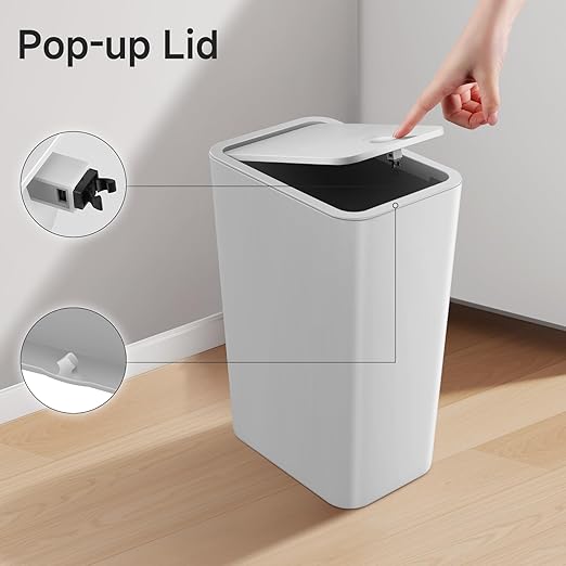 TIPGO Bathroom Trash Can with Lid, 4 Gallon / 15 Liter Small Garbage Can, Press Top Bin, Plastic Wastebasket with Pop-Up Lid for Bedroom, Living Room, Office (Grey)