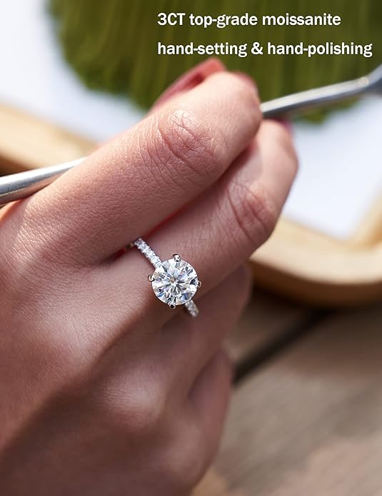 IMOLOVE Solitaire Moissanite Engagement Ring, 1CT D Color VVS1 Clarity, 925 Sterling Silver with 18K White Gold Plated, Ideal Gift for Women