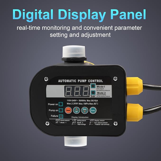 Smart Pump Controller with 2 Modes Digital Display, BSPP G1 Threaded Interface, Adjustable Pressure, High Power, Easy Install, for Home, Garden, Industrial Use