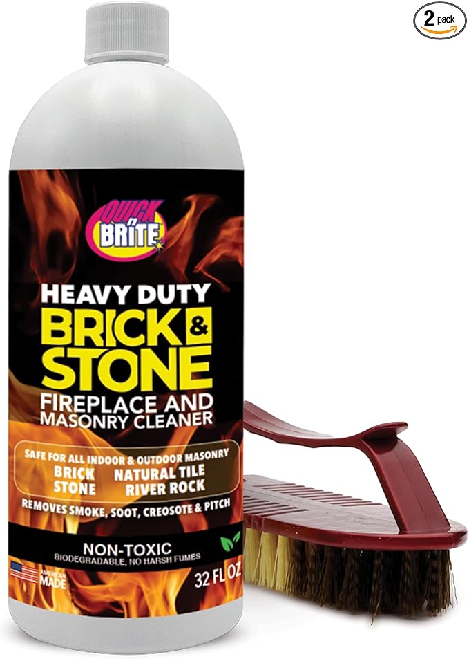 Quick'n Brite Fireplace Brick and Stone Cleaner 32oz with Scrub Brush - Natural Stone, Tile, and Marble Cleaner - Indoor Fireplace and Wood Stove Cleaning Kit - Pellet Stove Creosote Remover