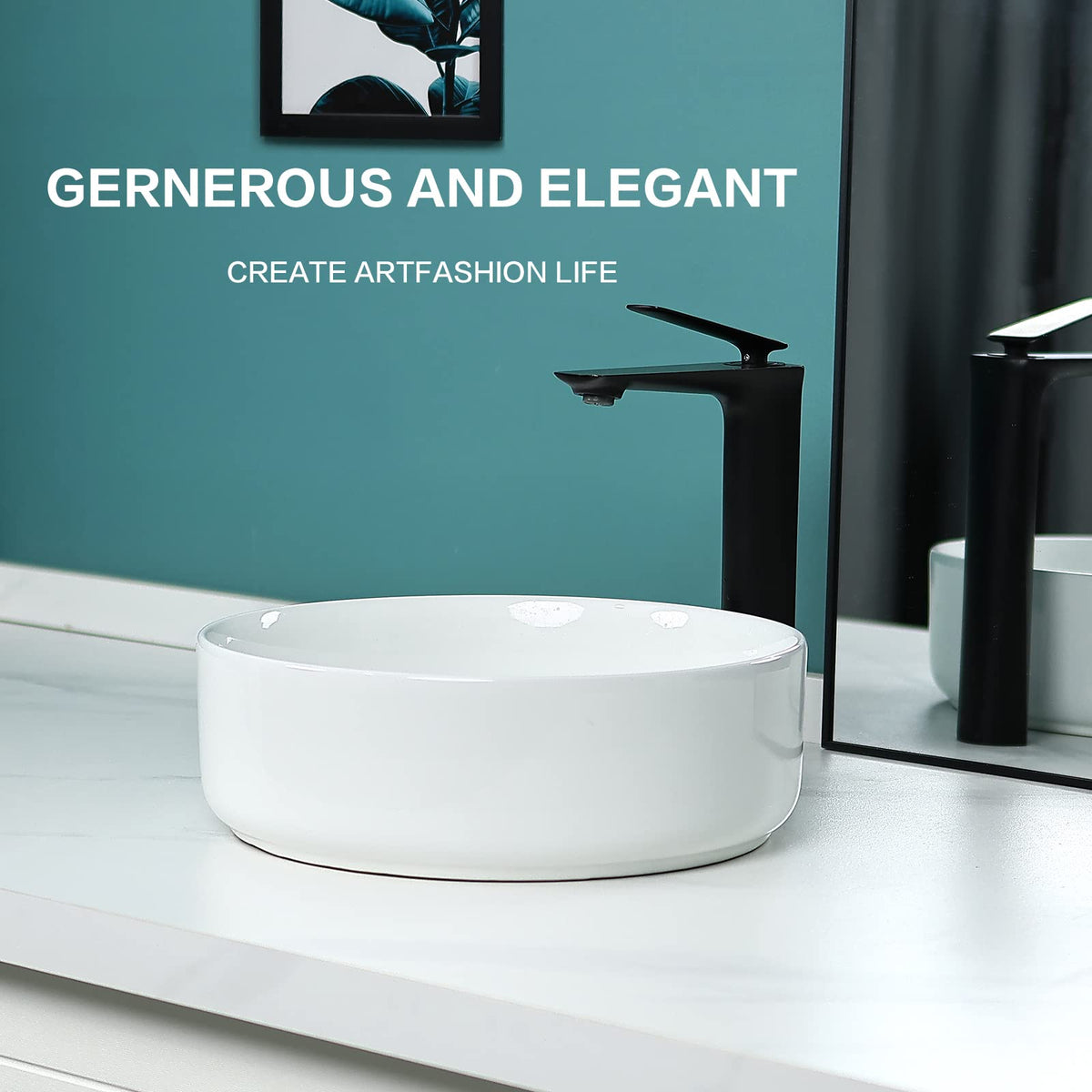 Davivy 14'' Round Vessel Sink with Pop Up Drain,Bathroom Vessel Sinks,Bathroom Sinks Above Counter,Ceramic Vessel Sink,Round Bathroom Sink,Counter top Sink,White Vessel Sink for bathrooms