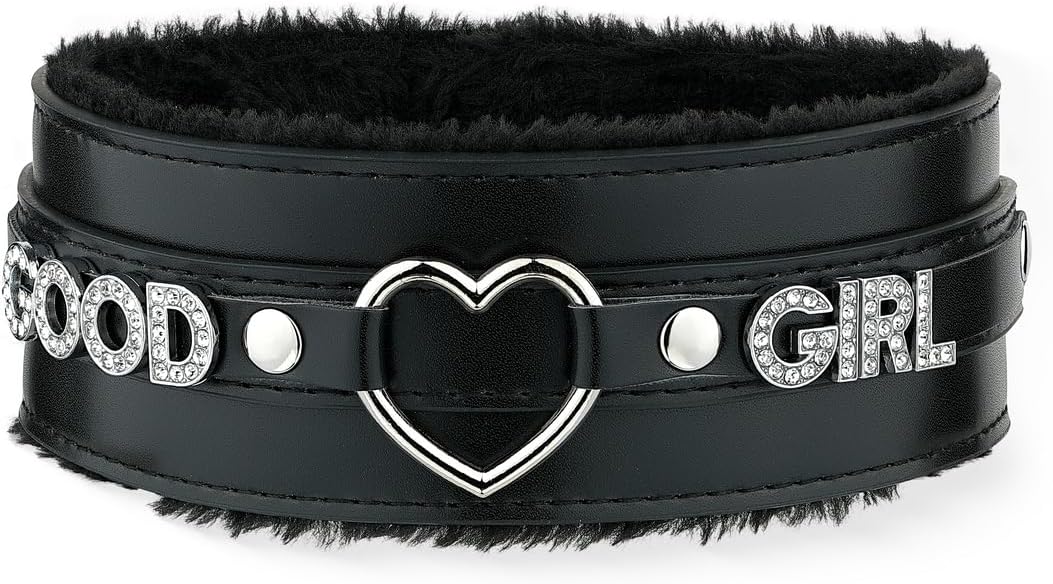 Pink Furry Heart O-ring Leather Choker Collar For Women, Handmade Punk Gothic Letter Necklace Adjustable Fashion Jewelry