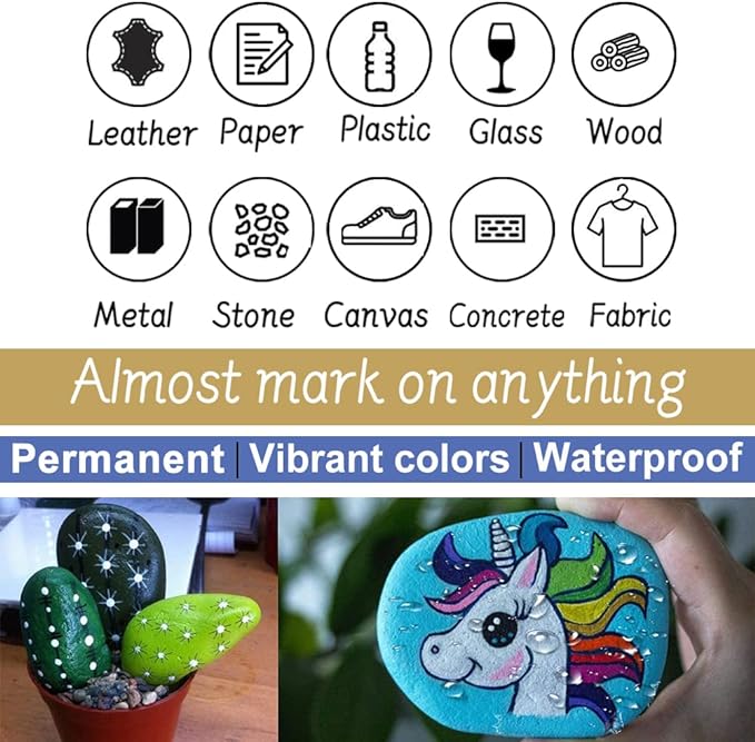 Paint Marker Pens - 24 Color Permanent Oil Based Markers, Medium Tip, Quick Dry and Waterproof Assorted Color Paint Pens for Metal, Wood, Plastic, Stone, Mugs, Canvas, Glass, Art Craft