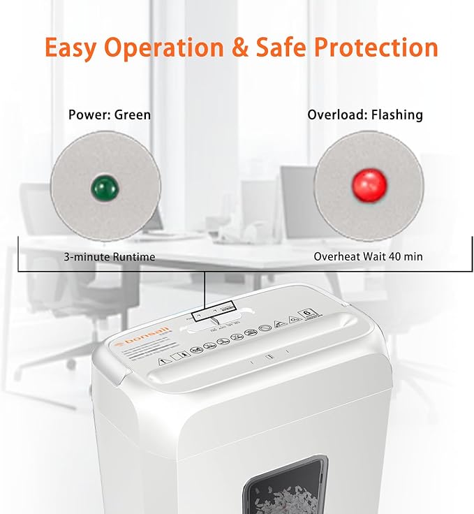 Bonsaii Quiet Cross-Cut Shredder, Ideal for Home Offices, Low-Noise Shredder, 6 Sheets at Once, Perfect for documents, Mail & Staples, 3.4-Gallon Wastebasket, Easy-Carry Handle, White