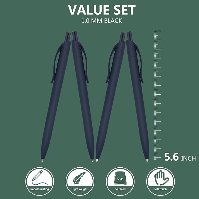 Deegtran 200 Pack No Bleed Blue Barrel Click Pens, Wholesale Retractable Ballpoint, Medium Point, Smooth Ink, 1.0MM Black Ink
