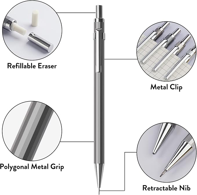 Four Candies 0.7mm Mechanical Pencil Set with Case - 4PCS Metal Mechanical Pencils, 8 Tubes HB #2 Lead Refills, 3PCS 4B Erasers and 9PCS Eraser Refills, Lead Mechanical Pencils for Writing & Drawing