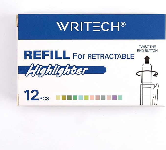 WRITECH Highlighter Refills, Assorted Colors Chisel Tip No Smear (12ct Neutral)