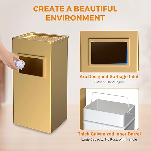 BEAMNOVA Trash Can Indoor Outdoor Black Stainless Steel Commercial Garbage Can Industrial Garbage Enclosure Inside Cabinet with Lid Waste Container, Gold Color, 12.2 * 9.8 * 24 in