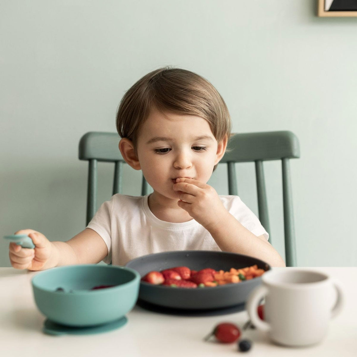 EKOBO Silicone Baby Meal Set – Lagoon, 4‑Piece Baby Feeding Essentials, Suction Toddler Plates and Bowls Set, Two‑Handle Cup, Soft‑Tip Spoon, Microwave, Oven & Freezer Safe, BPA‑Free