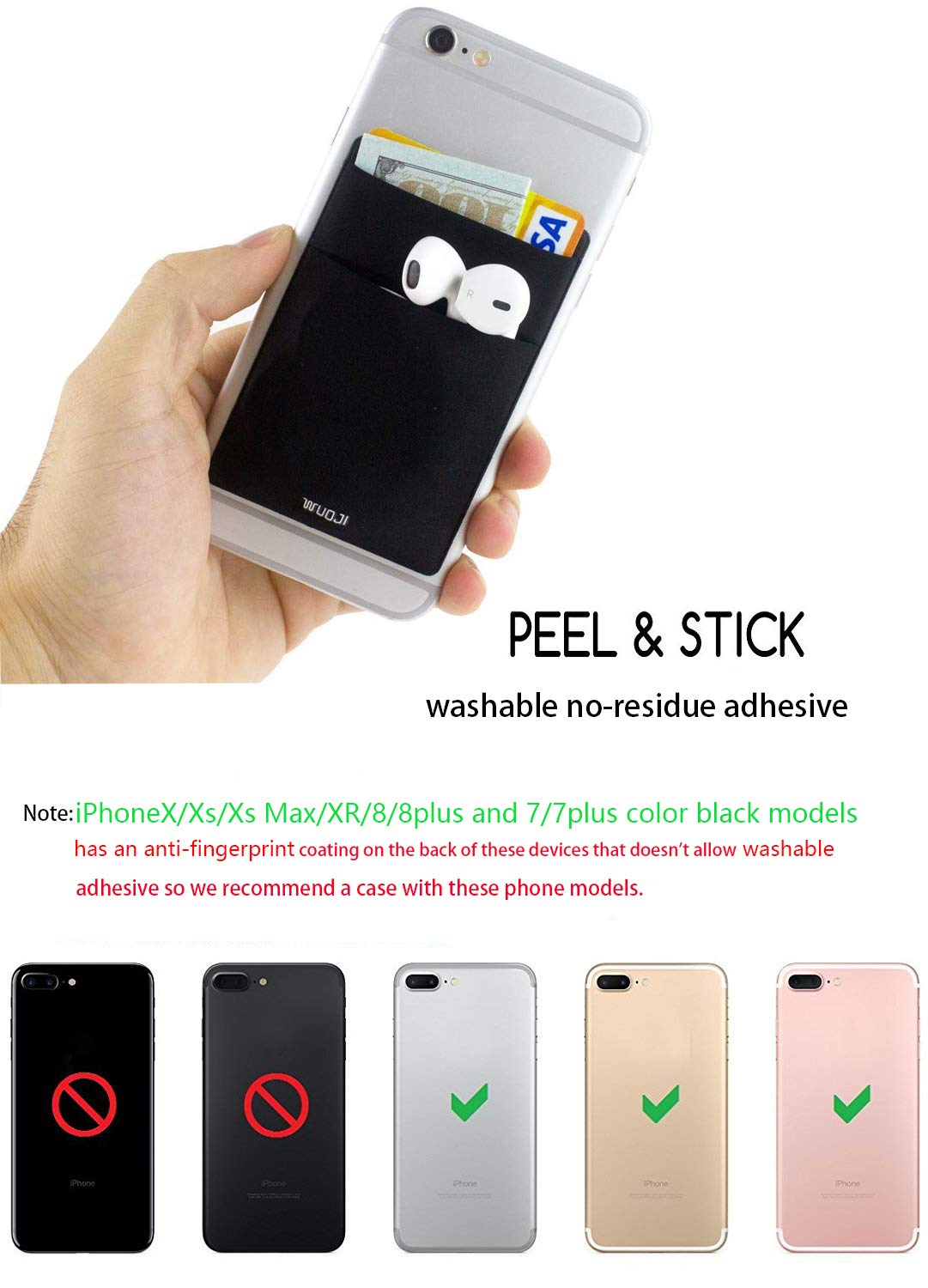 WUOJI RFID Blocking Phone Card Wallet - Double Secure Pocket - Ultra-Slim Self Adhesive Credit Card Holder Card Sleeves Phone Wallet Sticker All Smartphones(Black)-2PC