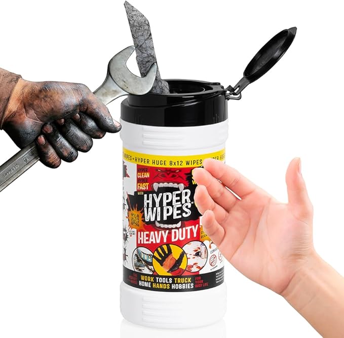 Hyper Wipes, 2 Pack Heavy Duty Hand & Tool Cleaning Wipes, 8"x12" Size Multi-Surface Cleaning Wipes, Degreasing, All Purpose Cleaner, Bathroom, Mechanic, Work Surface Wipes, 180 Count Canister