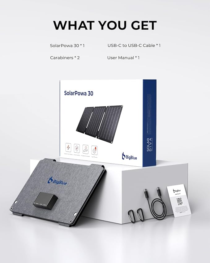 [Upgraded] BigBlue 30W Solar Panel Charger with Fast Charging USB-A and USB-C, DC Ports, SolarPowa 30 Portable Solar Panel, IP68 Waterproof, Compatible with iPhone, Samsung, iPad, Small Power Station
