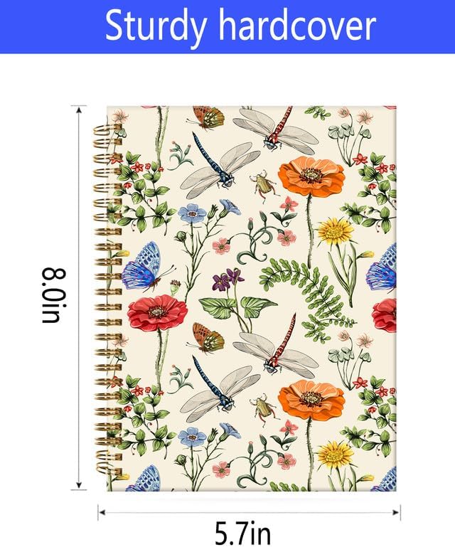 Spiral Journal Notebook,A5 Hardcover Lined Journals for Women Girl 6 x 8.3 in,120 Pages Thick Paper,Cute College Ruled Writing Notebook for Gifts Office Work School(Summer Flower Dragonfly)