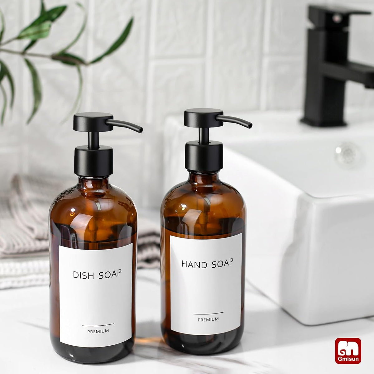 GMISUN Amber Glass Soap Dispenser, 2 Pack Bathroom Hand Soap Dispensers with Stainless Steel Flat Pump, 17 Fl Oz Kitchen Dish Soap Dispenser, Modern Vintage Liquid Brown Soap Dispensers Bottle Set