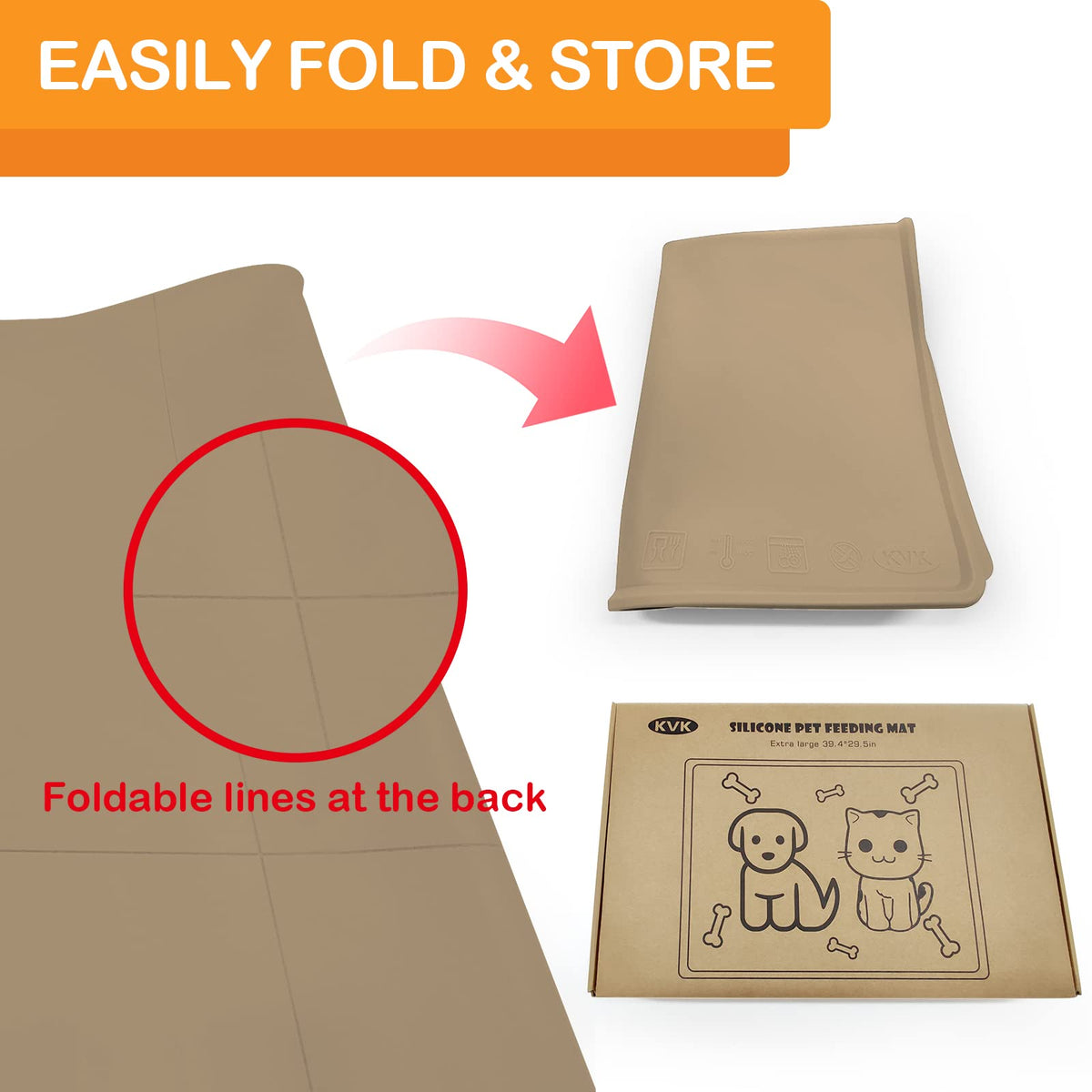 KVK Dog Water Mat 39.4×29.5in - Silicone Dog Mats for Food and Water Extra Large - Pet Food Mat for Floors Waterproof - Pet Feeding Mats Prevent Water Food Spills - Taupe