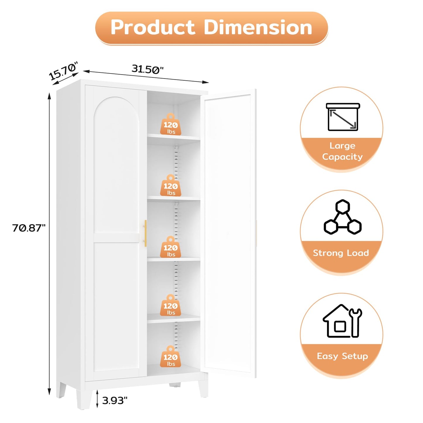 Zevemomo 71" Metal Pantry Cabinet with 4 Adjustable Shelves and 2 Doors, Freestanding Kitchen Storage Cabinet, Tall Steel Cupboard for Kitchen, Pantry, Dining Room, Living Room, Office, White