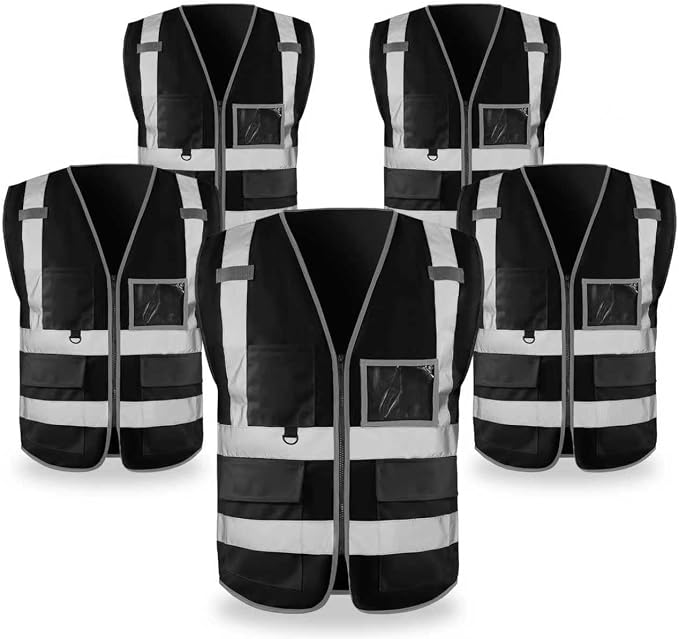 FATONE Hi Vis Safety Vest for Men with Reflective Strips, Class 2 High Visibility Vest with Pockets for Construction, Traffic, Warehouse, Security, Volunteer, 5 Pack Black, 3XL