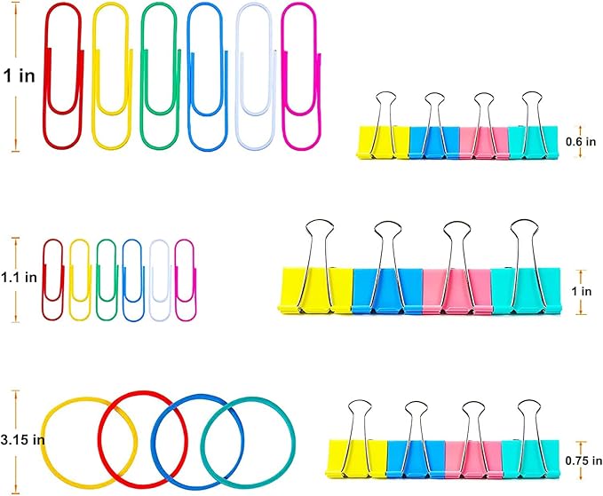 Vinaco 300PCS Paper Clips and Binder Clips Assorted Sizes, Colored Paper Clips (2" Large/1.3" Medium), Binder Clips (1" Medium /0.75" Small/0.6" Mini) and Rubber Bands for Home Office School