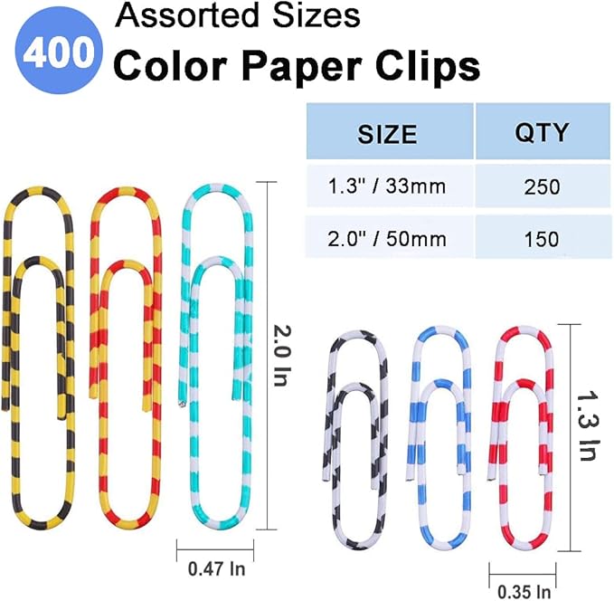 Vinaco Paper Clips Color Stripe, 400PCS Medium & Large (1.3 inch & 2 inch) Paper Clip Assored Size, Durable and Rustproof, Vinyl Coated Paperclips Colorful for Office School Document Organizing