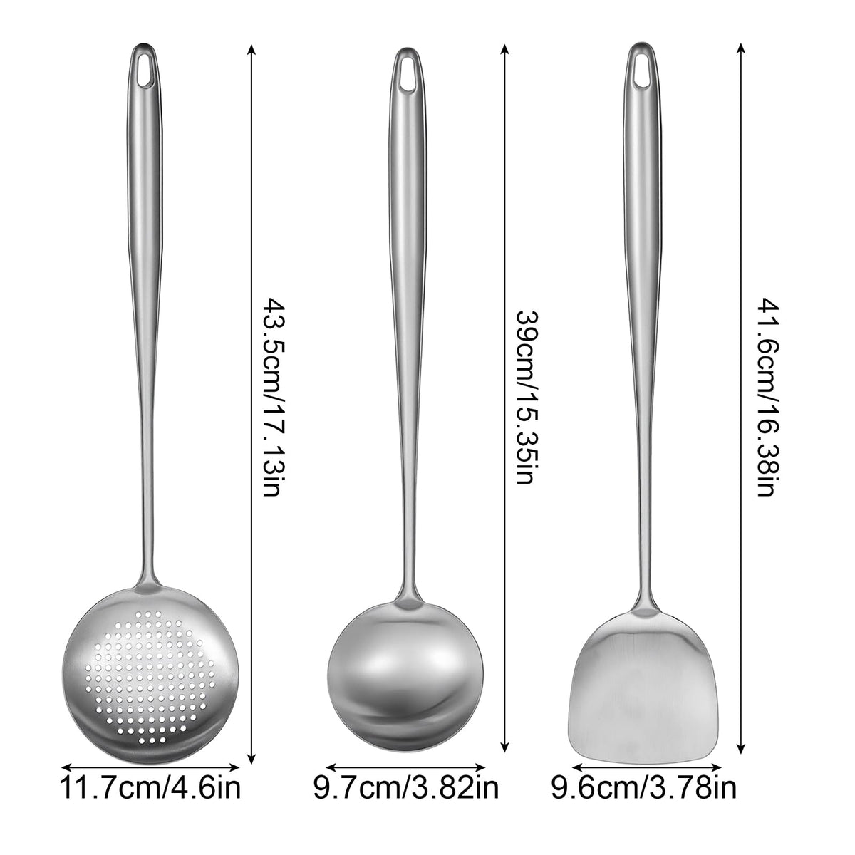 17” Wok Spatula and Ladle, Skimmer Spoon,Stainless Steel Wok Tools Professional Set,3pcs Extra Long Handle Cooking Tools, Metal Wok Cooking Utensils Set and Dishwasher Safe Wok Accessories