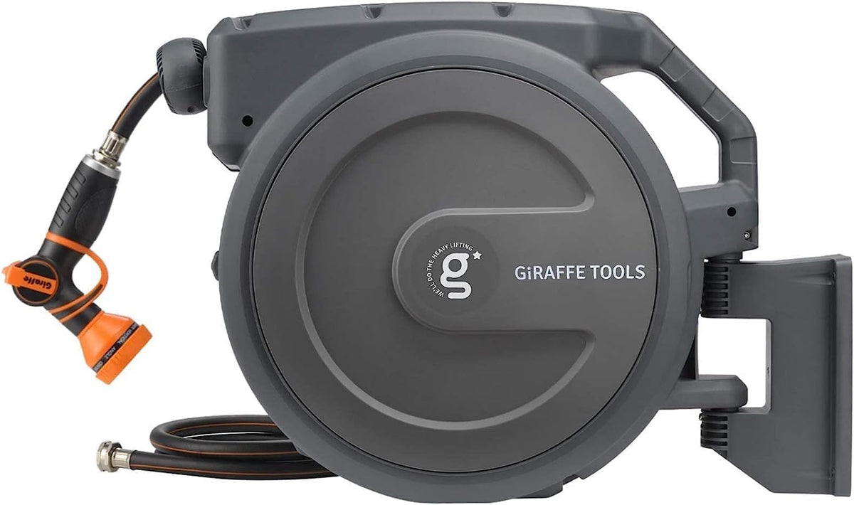 Giraffe Tools AW30 Garden Hose Reel Retractable 1/2" x 100 ft Wall Mounted Water Hose Reel Automatic Rewind, Any Length Lock, 100 ft, Dark Grey