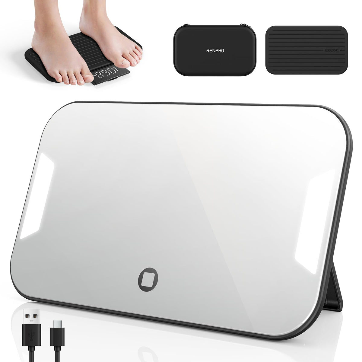 RENPHO Portable Rechargeable Scale with Travel Makeup Mirror, Slide-Out LED Display, Small Travel Scale for Body Weight, Digital High Accurate Scale for Traveling, 400lbs, Core Go, 8.98" x 5.28"