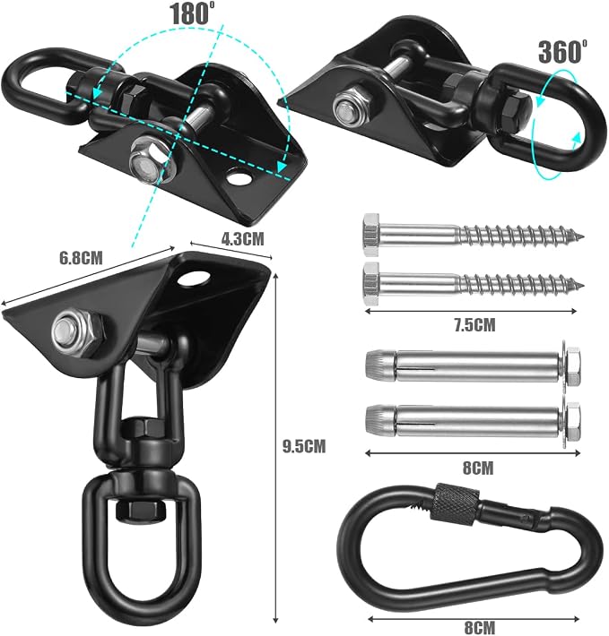 2-Pack Hammock Hanging Kit, 360-Degree Swivel Heavy-Duty Swing Hooks, Supports 1200 lbs, Stainless Steel Swing Hardware for Hammocks, Playgrounds, Yoga, Chairs & Heavy Bag. Installs on Concrete/Wood.