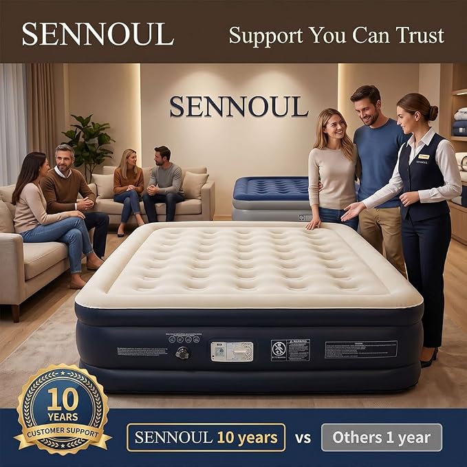 SENNOUL Air Mattress Queen with Built in Pump, Inflatable Mattress Blow Up Mattress 18 Raised Comfort,Upgraded Surface Portable Bed, Air Bed for Home, Guest, Camping, Colchone Inflable, 650 lbs