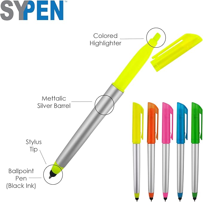 Personalized Pens with Highlighter and Stylus -250 Pack Bulk-Free Imprint - 3 In Highlighter, Ballpoint Pen, and Stylus Combo- add Custom Business Name, Logo or Gift Message- Assorted, Black Imprint