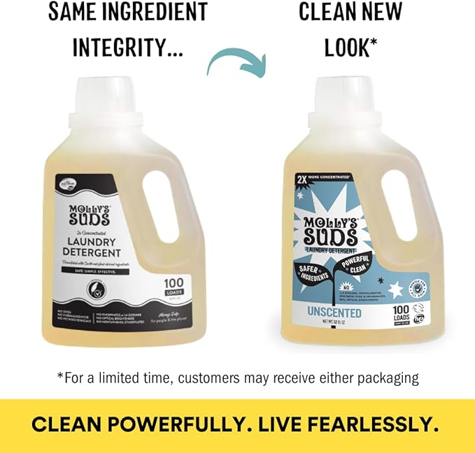 Molly's Suds Liquid Laundry Detergent | Clean Laundry Detergent Soap for Sensitive Skin | 2x Concentrated, High Efficiency (HE) | Unscented - 100 Loads